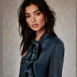 Indivi Black Semi Sheer Ruffle Bow Collar Mono Striped Blouse Size 40/ M